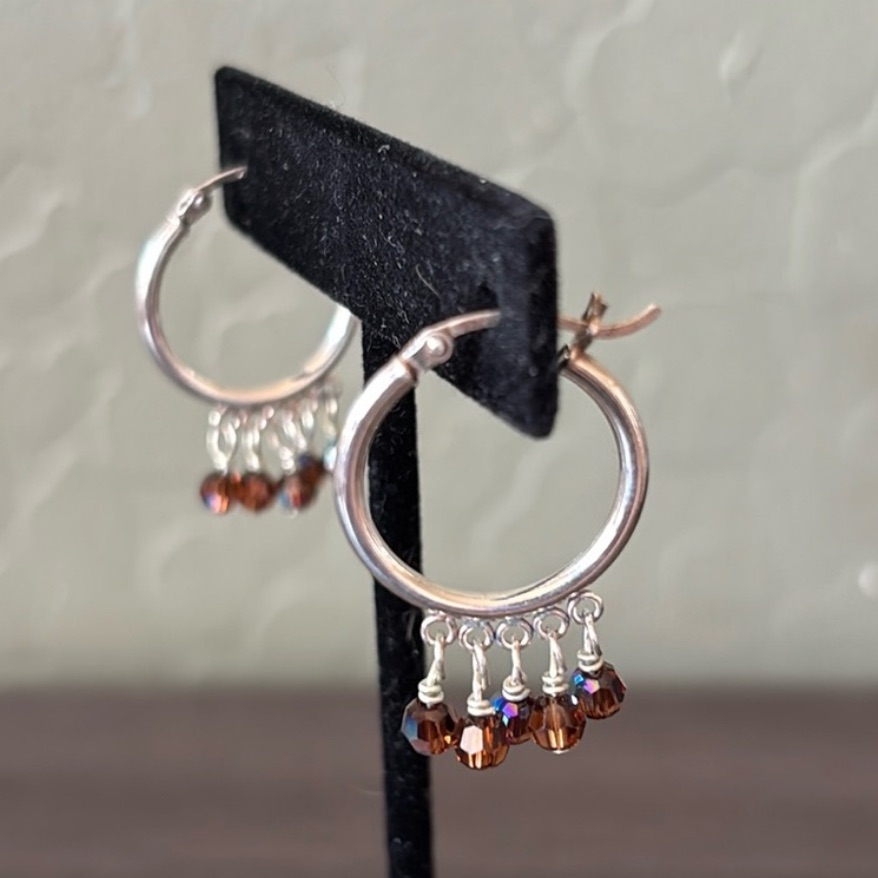 Sterling Silver Hoop Earrings With Brown Swarovski Crystal Fringe Nwt